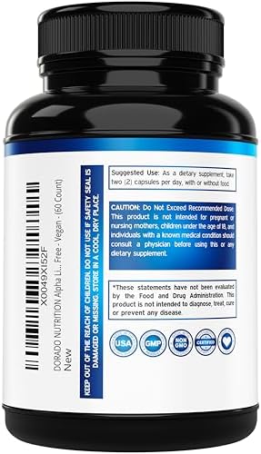 Supplement facts and ingredients label on the back of Dorado Nutrition Alpha Lipoic Acid