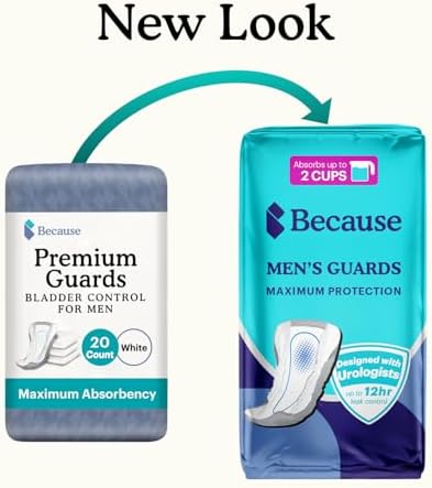 Because Premium Guards male incontinence protectors showcasing the individual wrappers