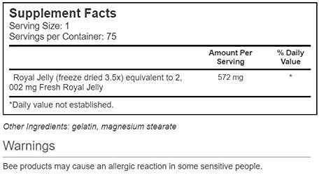 YS Eco Bee Farms freeze dried royal jelly dietary supplement capsules packaging highlighting ingredients and serving size