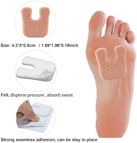 Self-adhesive horseshoe shaped foot cushions being applied to the ball of the foot.