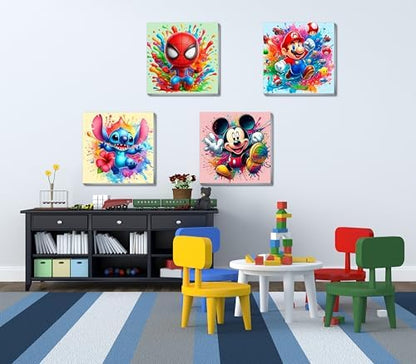 Miniature wooden easel holding a finished watercolor style cartoon canvas artwork.