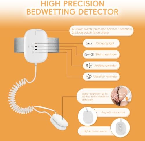 USB rechargeable bedwetting alarm for boys and girls featuring the white control unit and moisture cable.