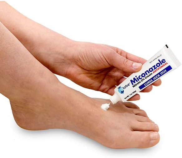 Close up of Globe brand topical antifungal cream tube highlighting the active ingredient.