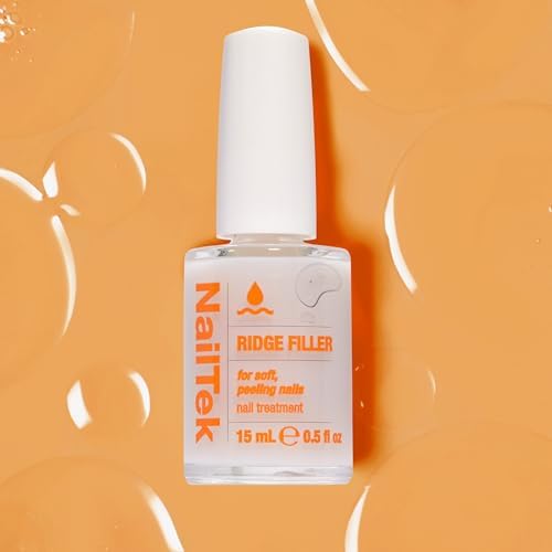 Side view of the 0.5 fluid ounce Nail Tek glass bottle with cap open.
