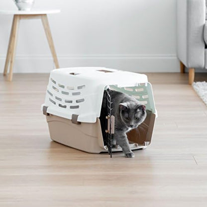 IRIS USA pet transport carrier with the carrying handle folded down flat for compact storage.