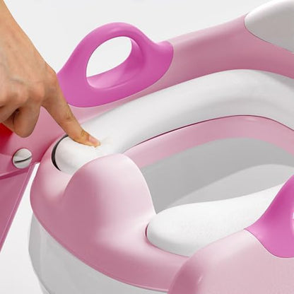 Authentic USA imported Wiifo pink toilet training chair positioned on an adult toilet bowl