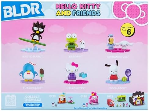 BLDR Hello Kitty and Keroppi mini construction figures shown with their included interchangeable toy accessories.