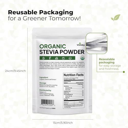 Viccoky organic stevia sweetener bag showing organic certifications