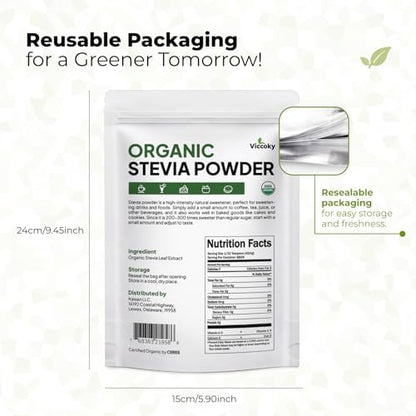 Viccoky organic stevia sweetener bag showing organic certifications