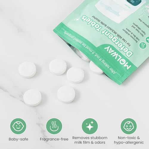 Hypoallergenic unscented detergent tablets for removing milk residue from silicone pump parts.