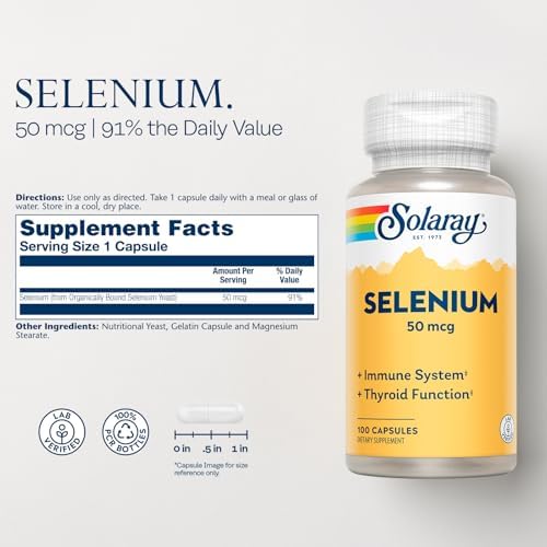 Solaray Selenium dietary supplement packaging displaying serving size and directions for use