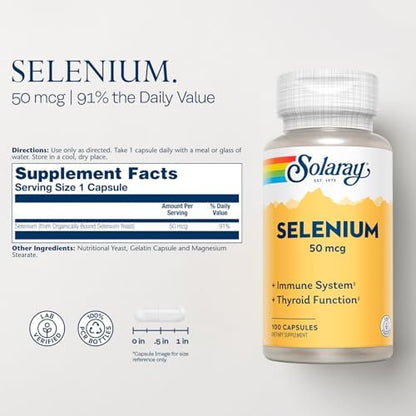 Solaray Selenium dietary supplement packaging displaying serving size and directions for use