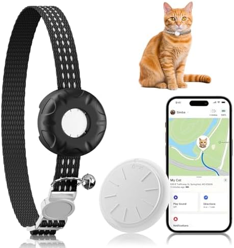 Mini cat tracking device in black attached to safety collar