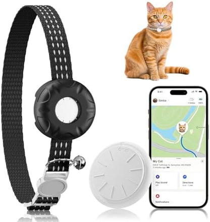 Mini cat tracking device in black attached to safety collar