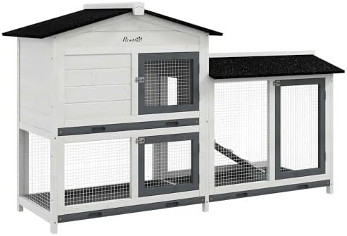 PawHut 62" Rabbit Hutch, Wooden Bunny Hutch, Guinea Pig Cage, Small Animal Enclosure with Run Area, Removable Tray, Asphalt Roof, Lockable Doors and Ramp, for Rabbits, Chickens, Ducks, White - Image 2