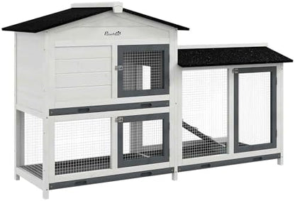 PawHut 62" Rabbit Hutch, Wooden Bunny Hutch, Guinea Pig Cage, Small Animal Enclosure with Run Area, Removable Tray, Asphalt Roof, Lockable Doors and Ramp, for Rabbits, Chickens, Ducks, White - Image 2