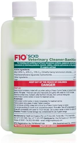 F10 SCXD premium pet safe kennel and terrarium wash solution showing concentration details.