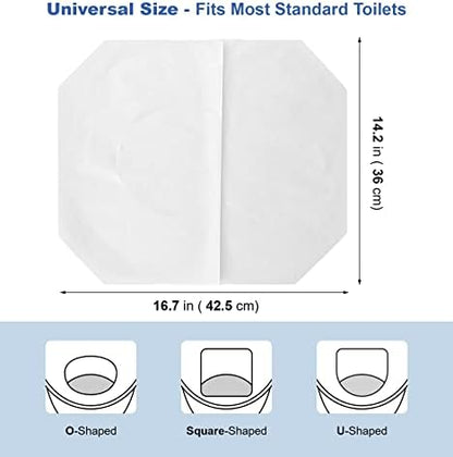 Flushable paper toilet liners being unfolded for public restroom hygiene.