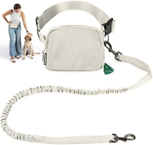 Junipooch waist dog leash worn as a crossbody fanny pack lifestyle view