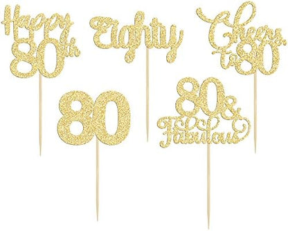 30 pack of Ephlyn 80th birthday dessert toppers on display
