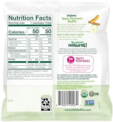 Little Bellies Organic Apple and Cinnamon individual snack bag showing baby safety feeding information