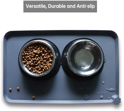 Hoki Found gray pet placemat displayed with food bowls