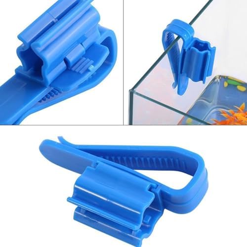 Aquarium filtration bucket mounting clip stabilizing a water change hose along a bucket edge.