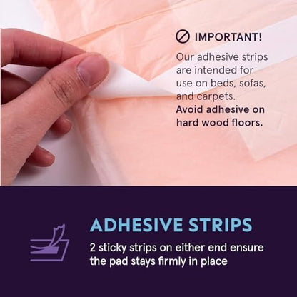 Demonstration of the two adhesive strips on the back of the disposable bed mat.