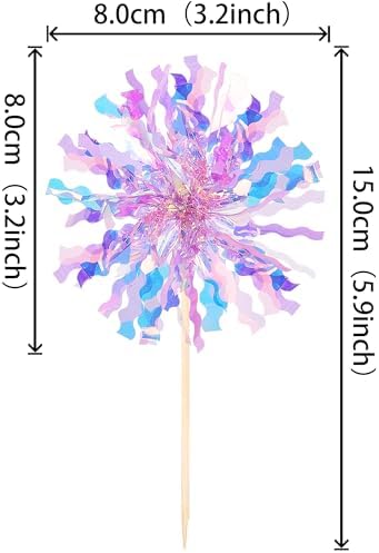 Close up of vibrant purple tinsel firework cake pick decoration