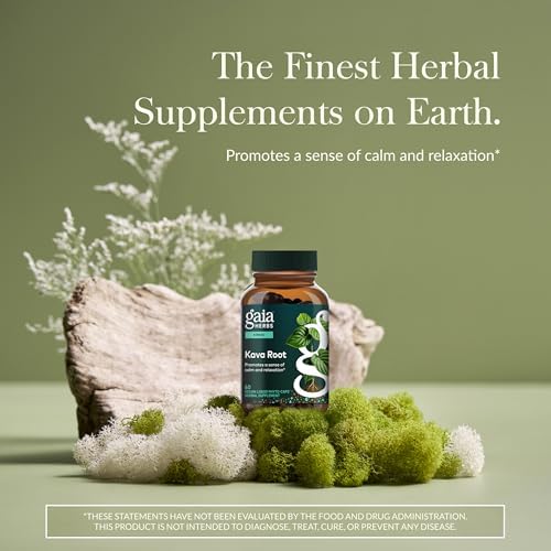 Gaia Herbs Kava Kava supplement packaging details showing noble kava cultivars.