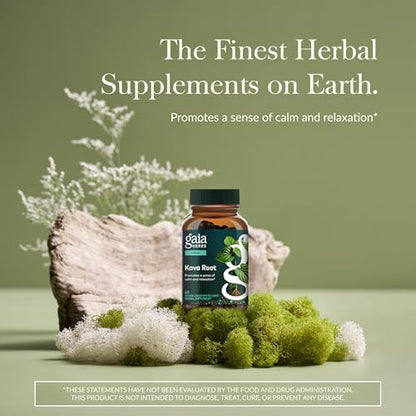 Gaia Herbs Kava Kava supplement packaging details showing noble kava cultivars.