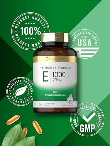 Natural antioxidant vitamin E supplement bottle on clean background