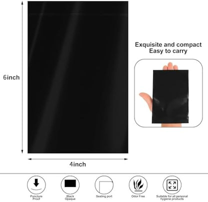 Black opaque feminine hygiene storage bag with zipper seal closure