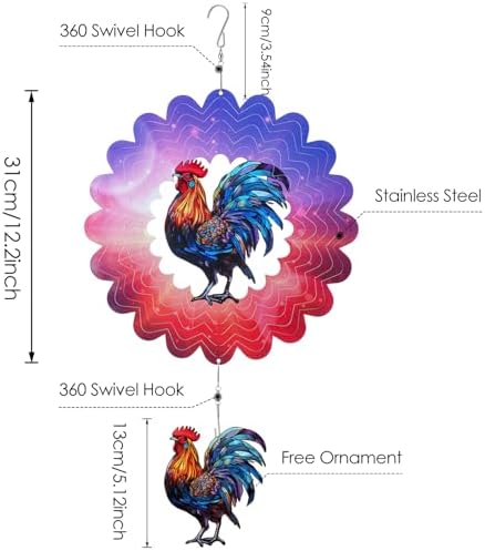 Rooster Hanging Wind Spinner Outdoor - 12 Inches Stainless Steel Wind Sculpture Aesthetic Wind Chime Chicken Farmhouse Art Ornaments for Garden Yard Balcony Patio Lawn Yard Decorations - Image 6