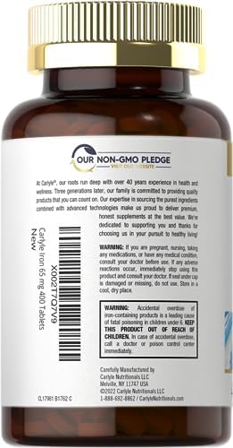 Carlyle non GMO gluten free vegetarian iron ferrous sulfate tablets count breakdown