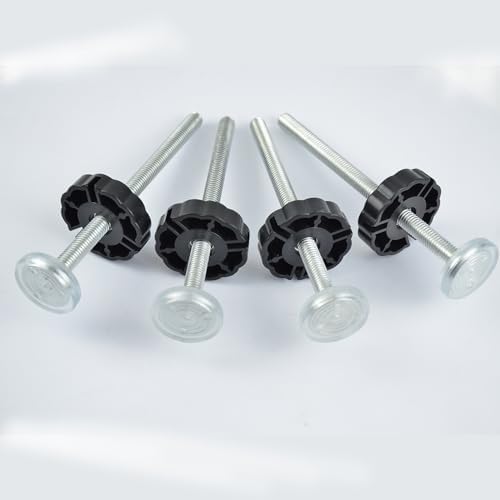 Four piece pack of universal baby gate tension bolts laid out on clean background