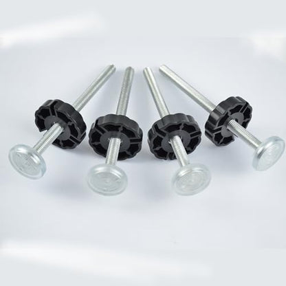 Four piece pack of universal baby gate tension bolts laid out on clean background
