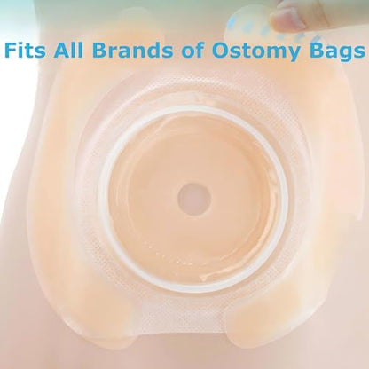 Water droplets on the waterproof surface of the ostomy barrier strip showing shower safety.