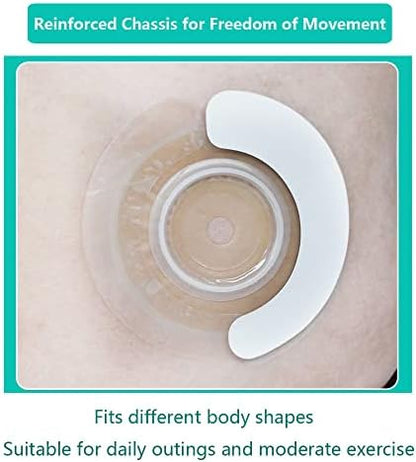Elastic hydrocolloid ostomy tape with blue arrow release liners for easy application.