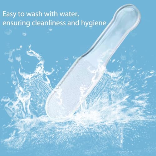 Waterproof glass foot file being rinsed under running tap water for easy cleaning.
