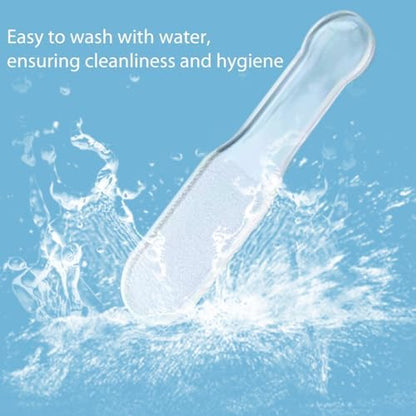 Waterproof glass foot file being rinsed under running tap water for easy cleaning.