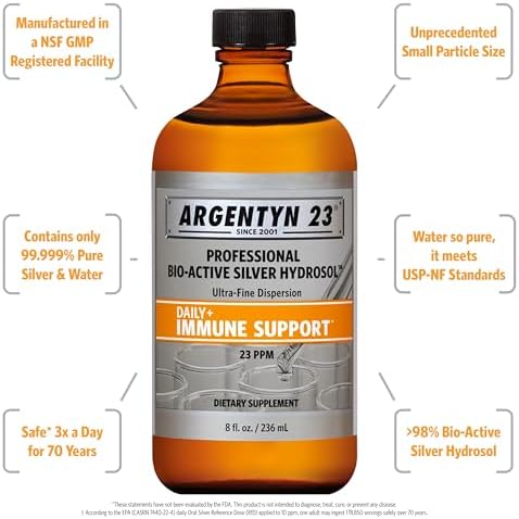 Argentyn 23 liquid twist top eight fluid ounce bottle showing supplement facts.