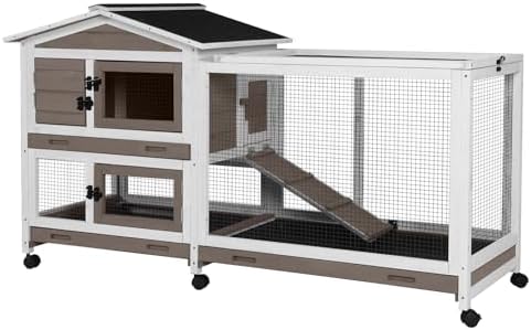 Aivituvin Rabbit Hutch 62" Rabbit Cage Indoor Outdoor Chicken Coop Guinea Pig Cage on Wheels Bunny Cage with 3 Deep No Leakage Pull Out Tray,Waterproof Roof (Brown) - Image 2