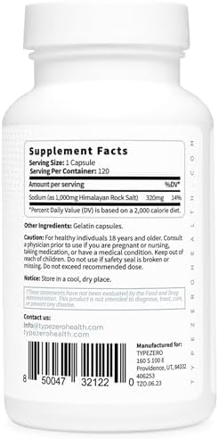 Supplement facts label on Type Zero Himalayan rock salt bottle showing sodium and trace mineral content