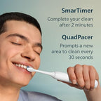 Philips Sonicare premium dental tool packaging highlighting the Smartimer and Quadpacer features.