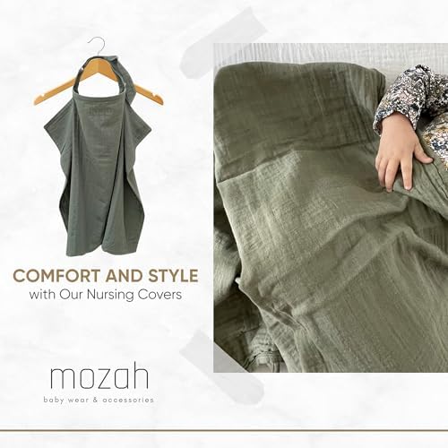 Mother using Mozah breathable muslin nursing cover for breastfeeding