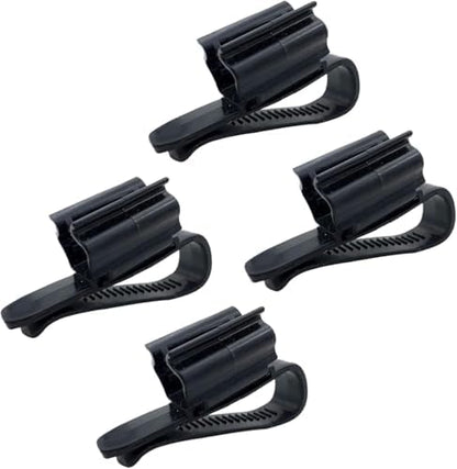 Black fish tank water pipe hose holders stabilizing a filter tube on a glass rim.