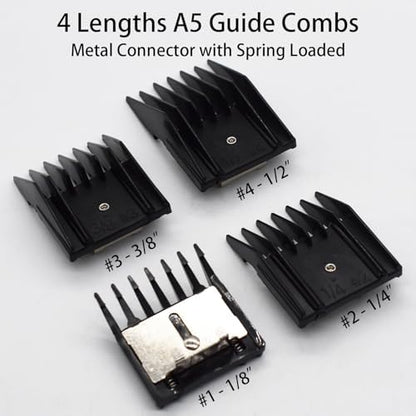 AIRERA A5 style pet groomer attachment combs showcasing spring loaded metal clip mechanism.