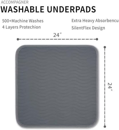 Accompagner adult bed pads spread open on a mattress to show twenty four inch by twenty four inch coverage.
