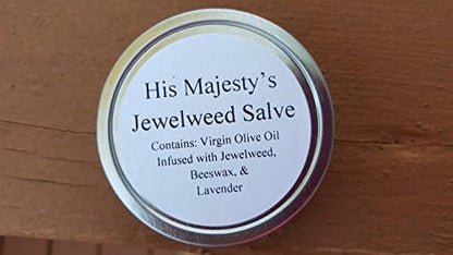 His Majesty's Jewelweed Salve open container showing the natural herbal ointment texture